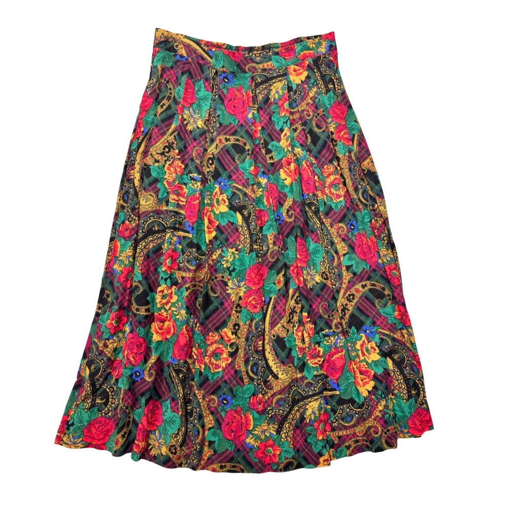 Vintage Worthington Skirt Womens 12 Multicolor Floral Paisley Plaid Midi Pleated